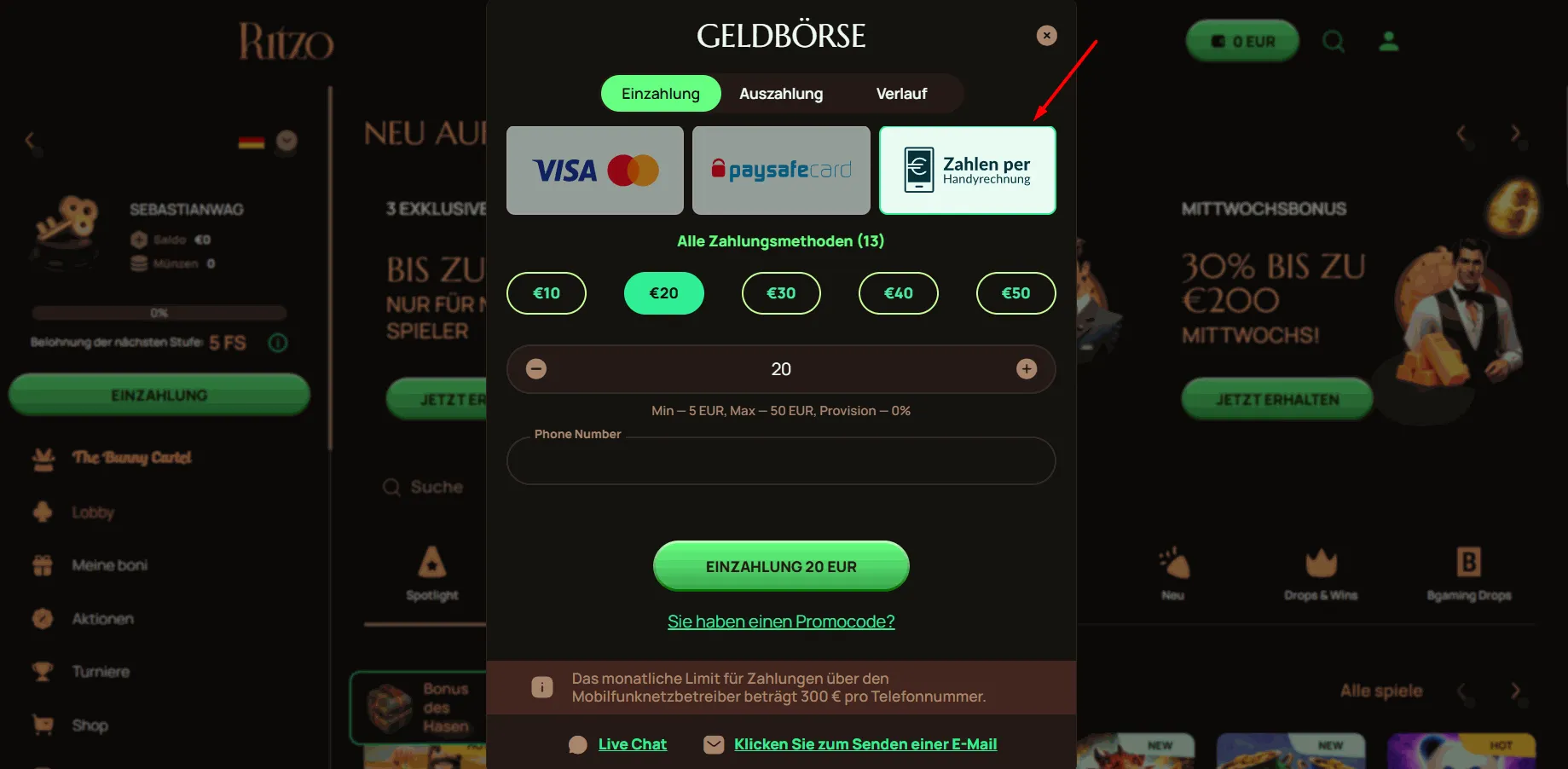 Ritzo Casino mit Handy Zahlungen Ritzo Casino mit Handyrechnung